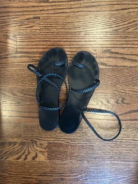 Ancient Greek Sandals Black Braided Leather Flat Sandals